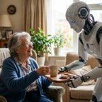 Robot humanoïde rendant service à une personne agée