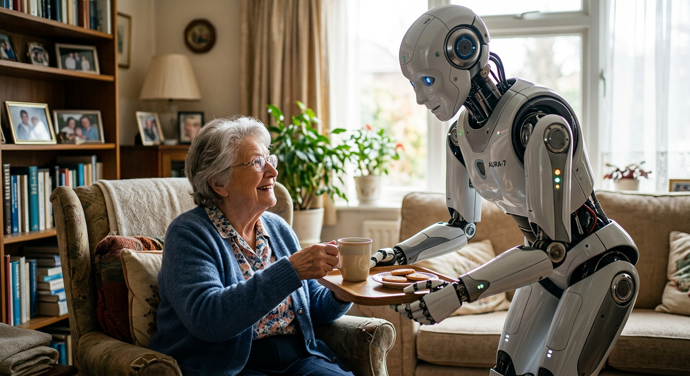 Robot humanoïde rendant service à une personne agée