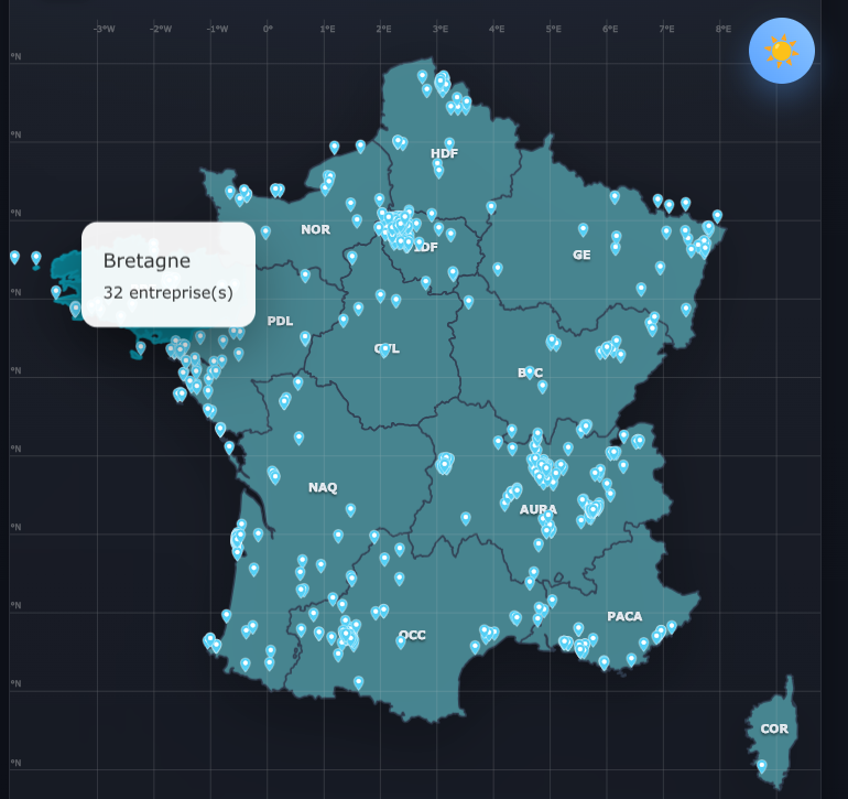 Carte de France avec les acteurs de la robotique en France